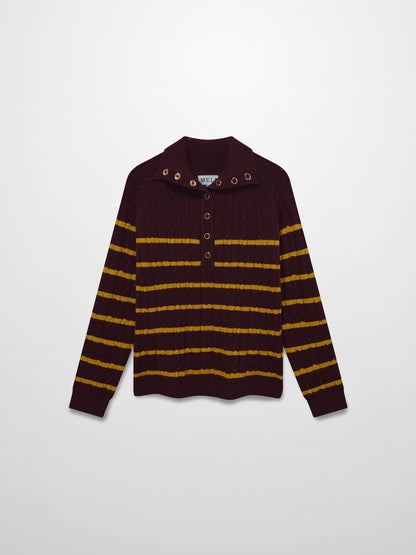 Shawl Snap Collar Striped Cable Sweater-Burgundy/Yellow