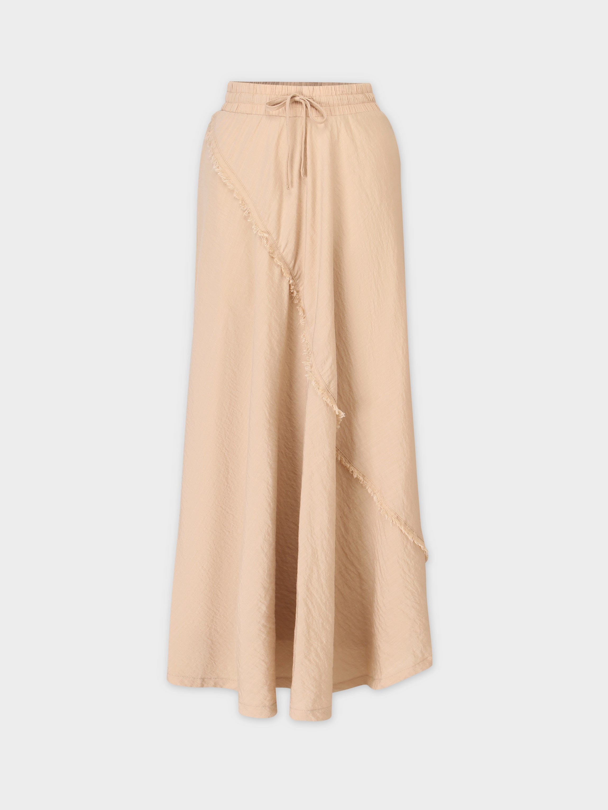 DRAWSTRING FRINGE SKIRT-TAN