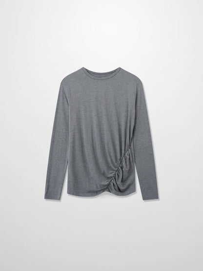 Curved Gathered Detailed T-Shirt-Heathered Grey