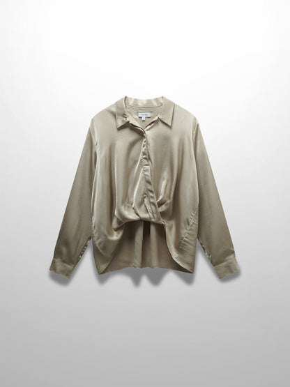 High/Low Faux Satin Crossover Top-Celery Green