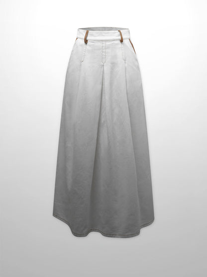 Leather Trim Denim Skirt-White