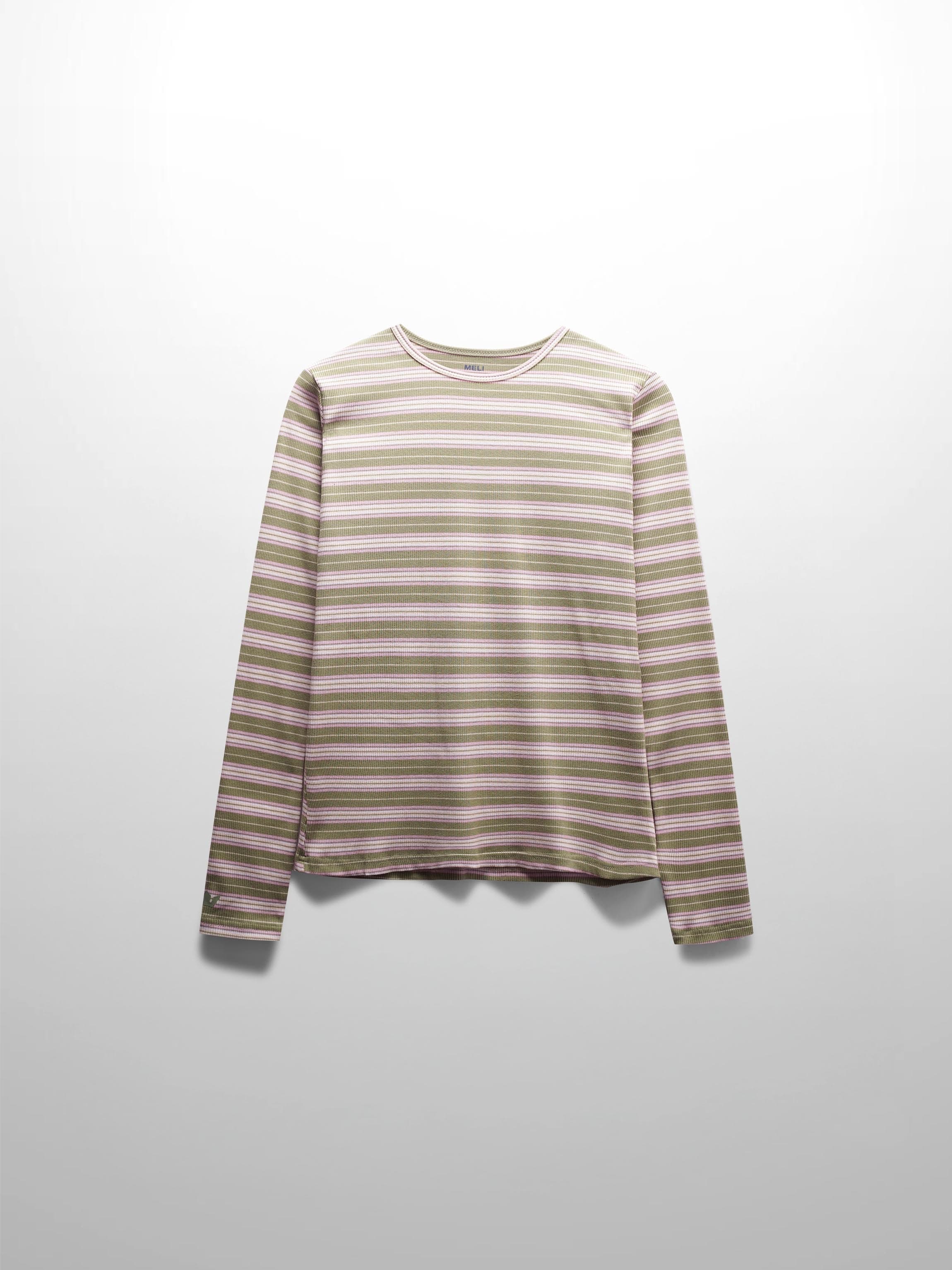 Multi Striped Ribbed Crew-Sage/Pink