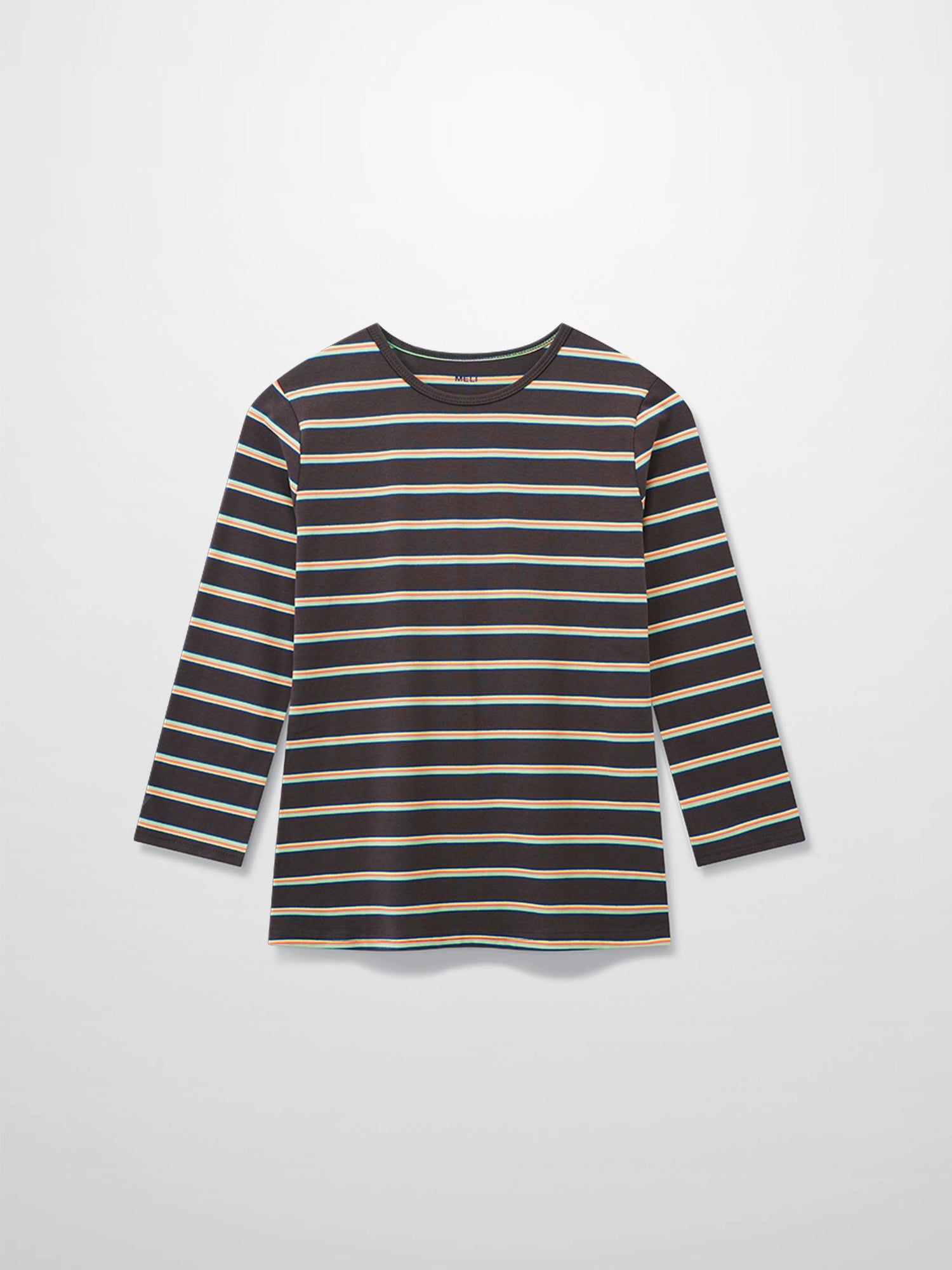 Flat Striped Crew Tee 3Q-Charcoal Grey/Neon Stripe