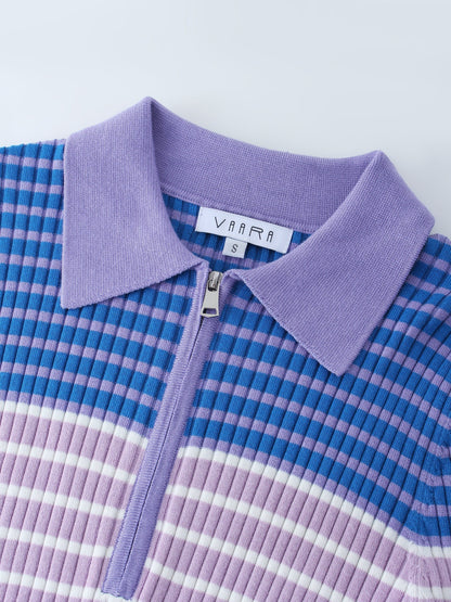 Ribbed Striped Polo Sweater-Shades of Purple