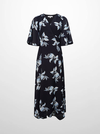 Flutter Sleeve Wrap Dress-Blue Flower
