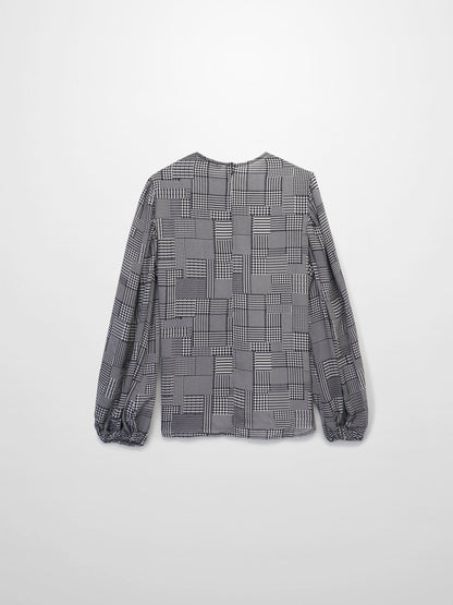 Houndstooth Blouson Sleeve Blouse-Black