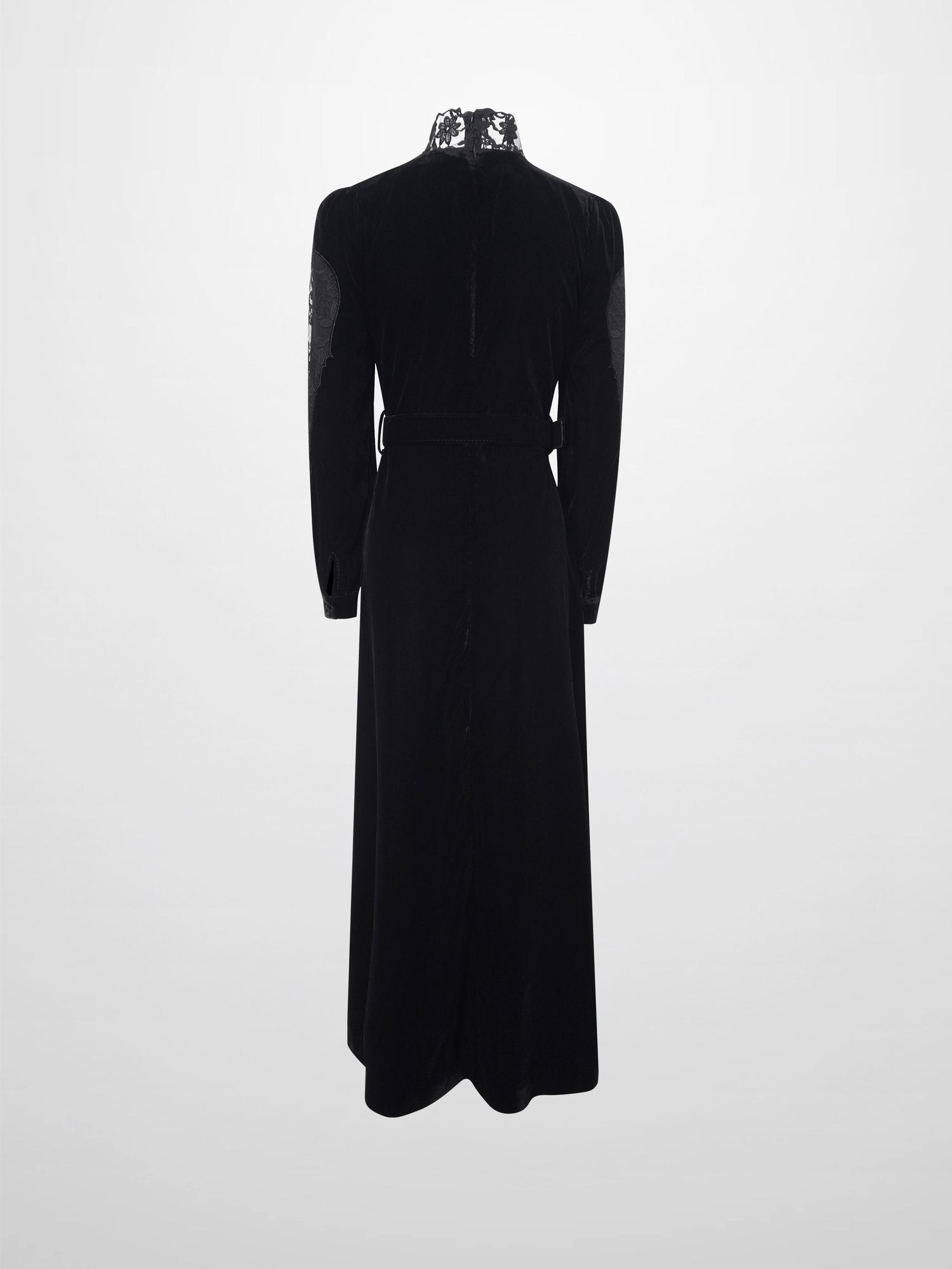 Lace Inlay Velvet Dress-Black