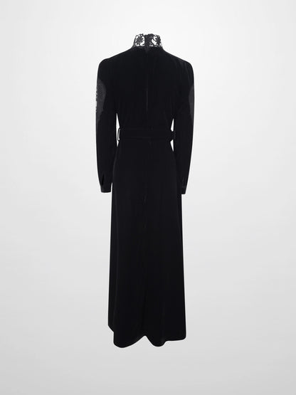 Lace Inlay Velvet Dress-Black