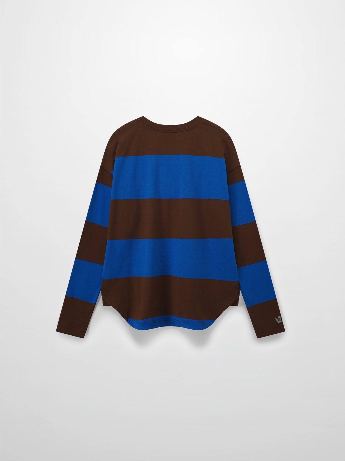 Back view of a long-sleeved, horizontally striped brown and blue shirt.