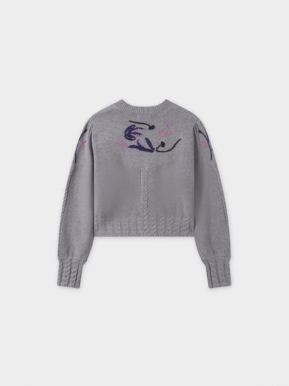 Embroidered Cropped Cardigan-Grey/Lavender