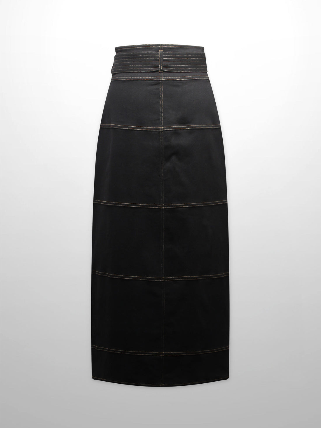 Stitched Tiered Belted Denim Skirt-Black