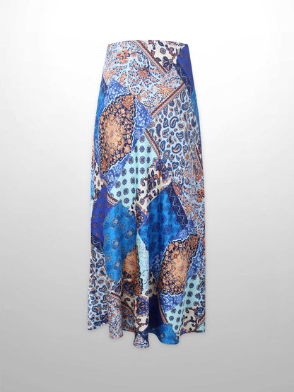 Printed Faux Satin Slip Skirt-Blue Bandana