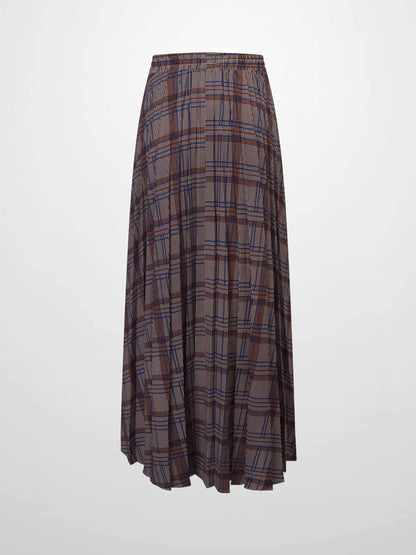 Covered Band Pleated Skirt-Brown/Blue Plaid