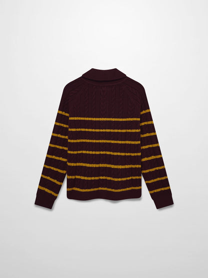 Shawl Snap Collar Striped Cable Sweater-Burgundy/Yellow