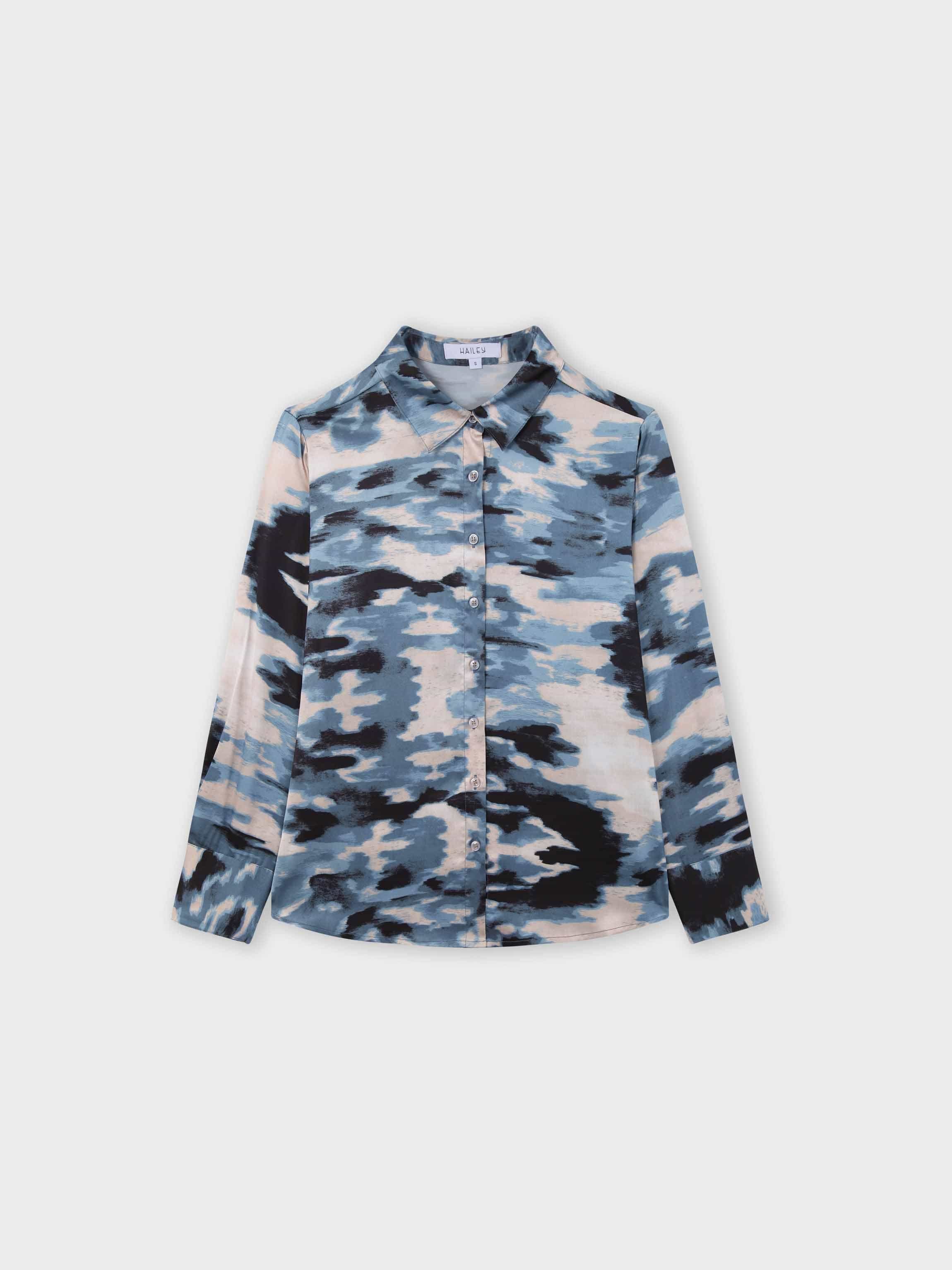 Oversized Satin Slip Blouse-Blue Brushstrokes