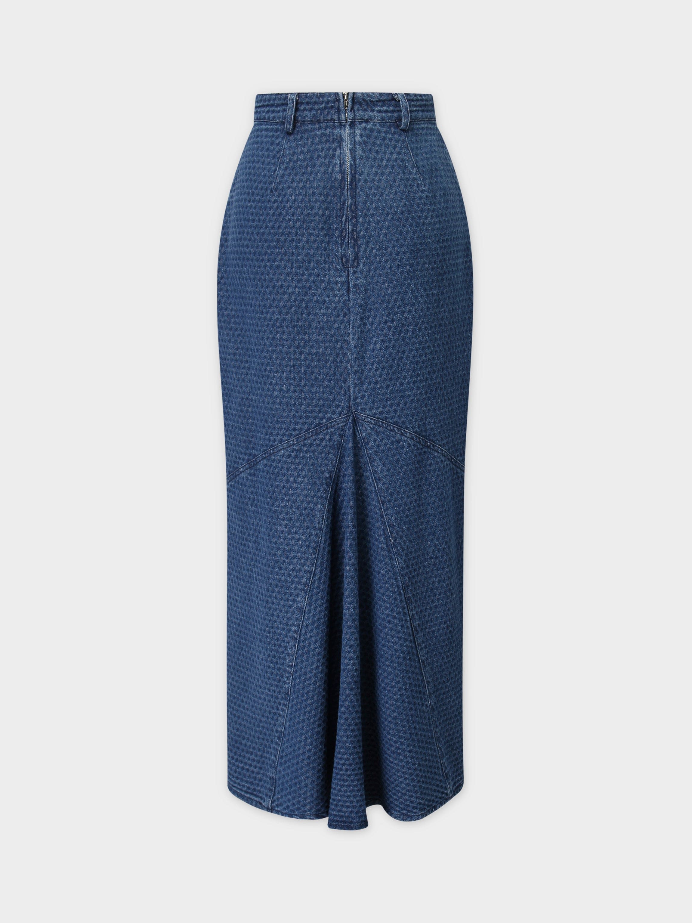 Back Pleat Denim Skirt-Textured Blue