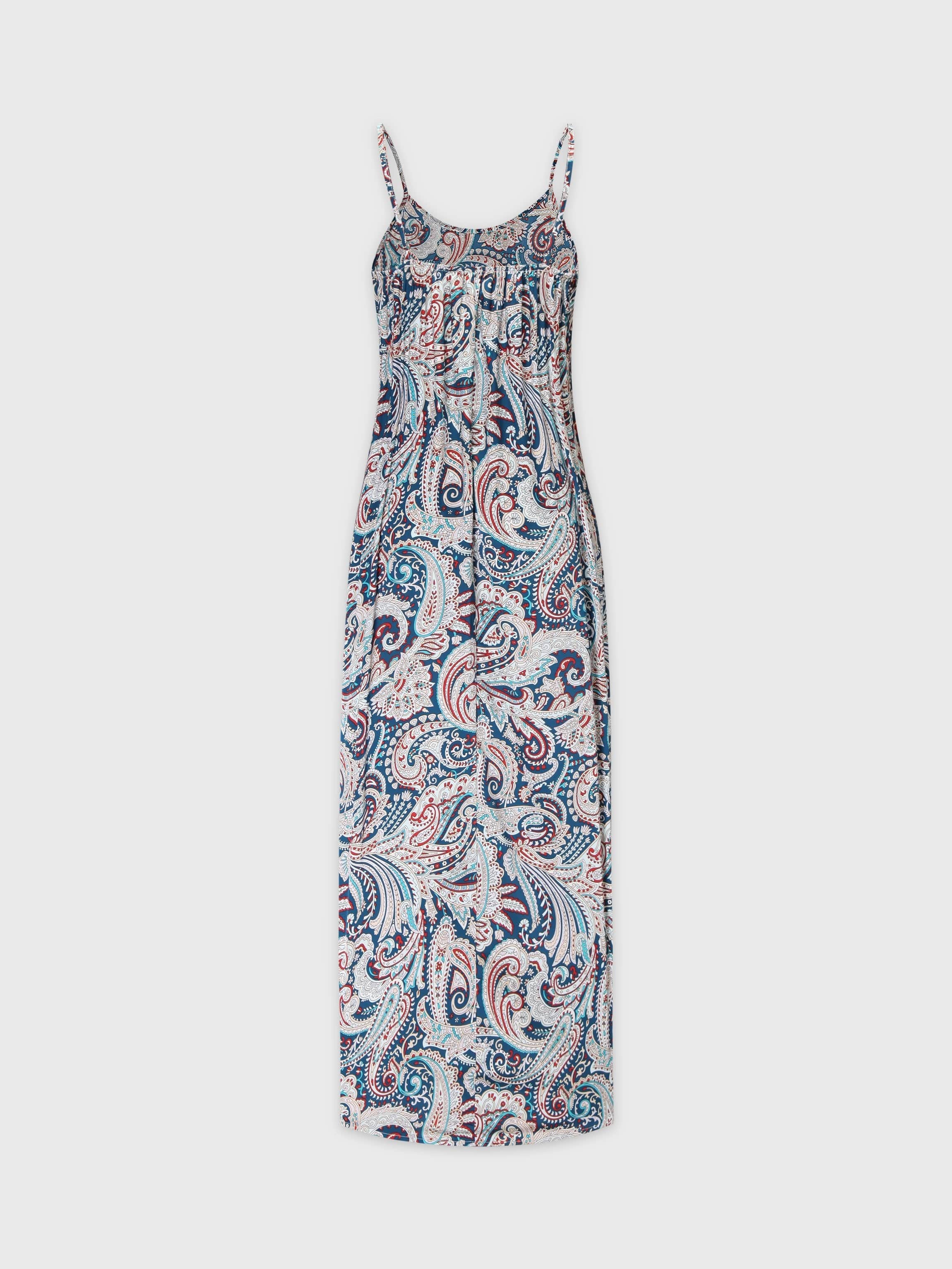 Printed Crew Neck Slip Dress-Teal Paisley