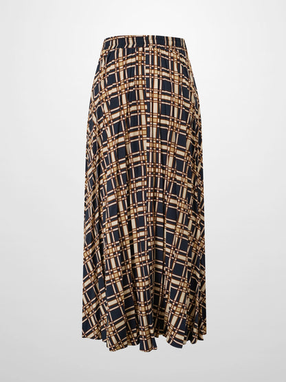 Covered Band Pleated Skirt-Navy Plaid