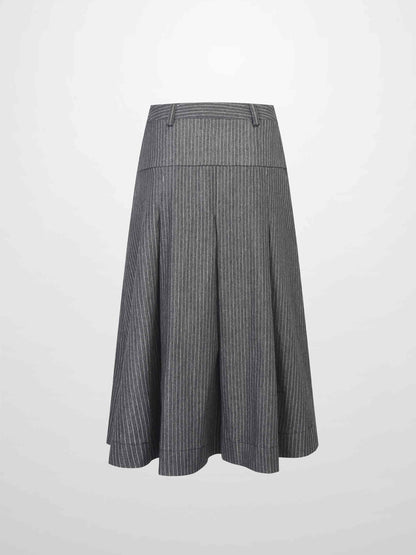 Yoke Pleated Denim Skirt-Black Pinstripe