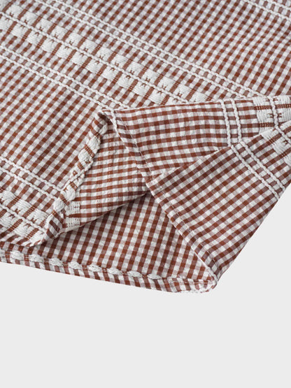 High Waist Elastic Dress-Brown Gingham