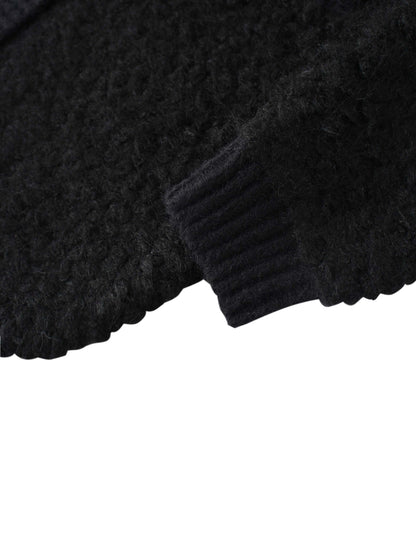 Ribbed Knit Mohair Cardigan Jacket-Black