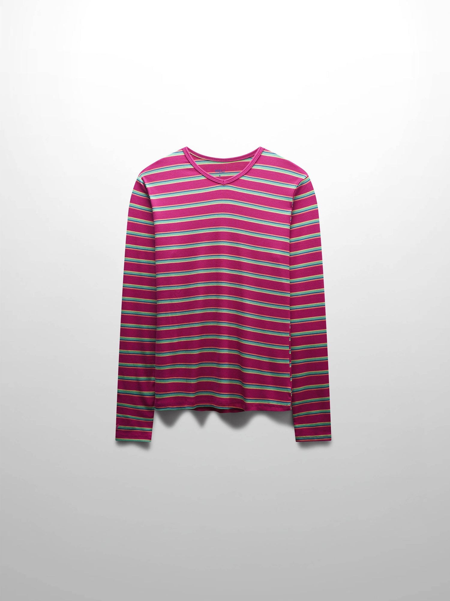 Ribbed Striped High V Tee Long Sleeve-Hot Pink