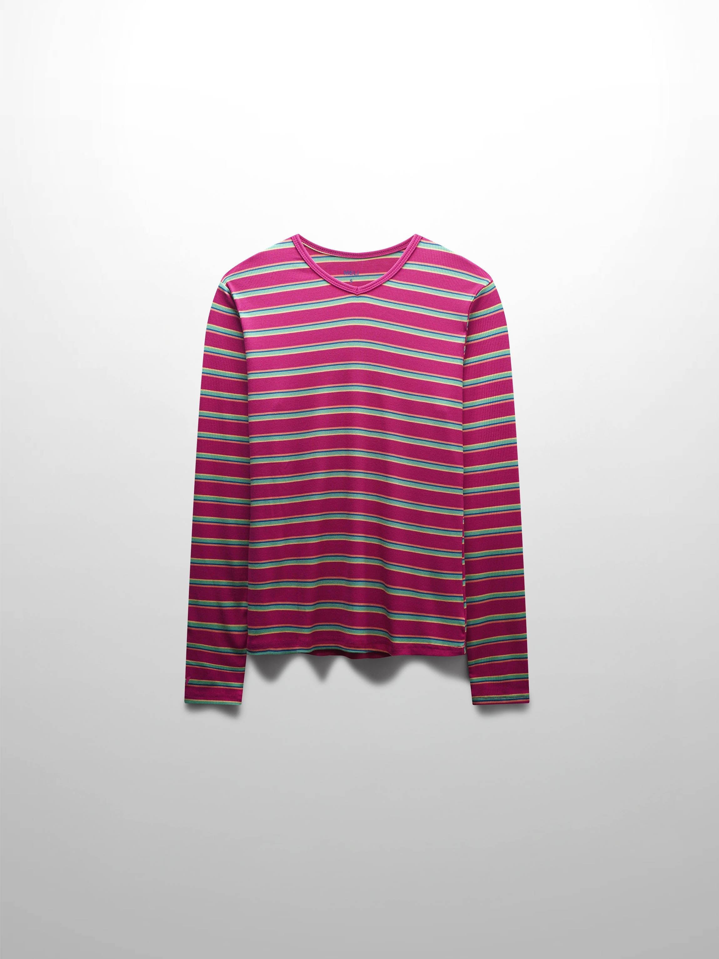 Ribbed Striped High V Tee Long Sleeve-Hot Pink