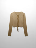 Ribbed Crop Bow Cardigan-Heathered Oatmeal