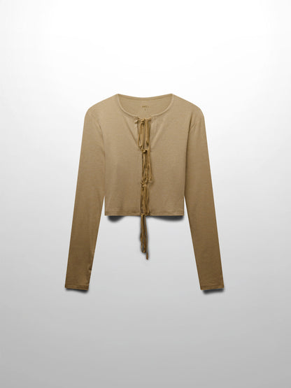 Ribbed Crop Bow Cardigan-Heathered Oatmeal