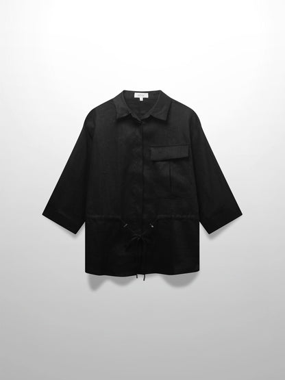 Drawstring Button Down Linen Top-Black