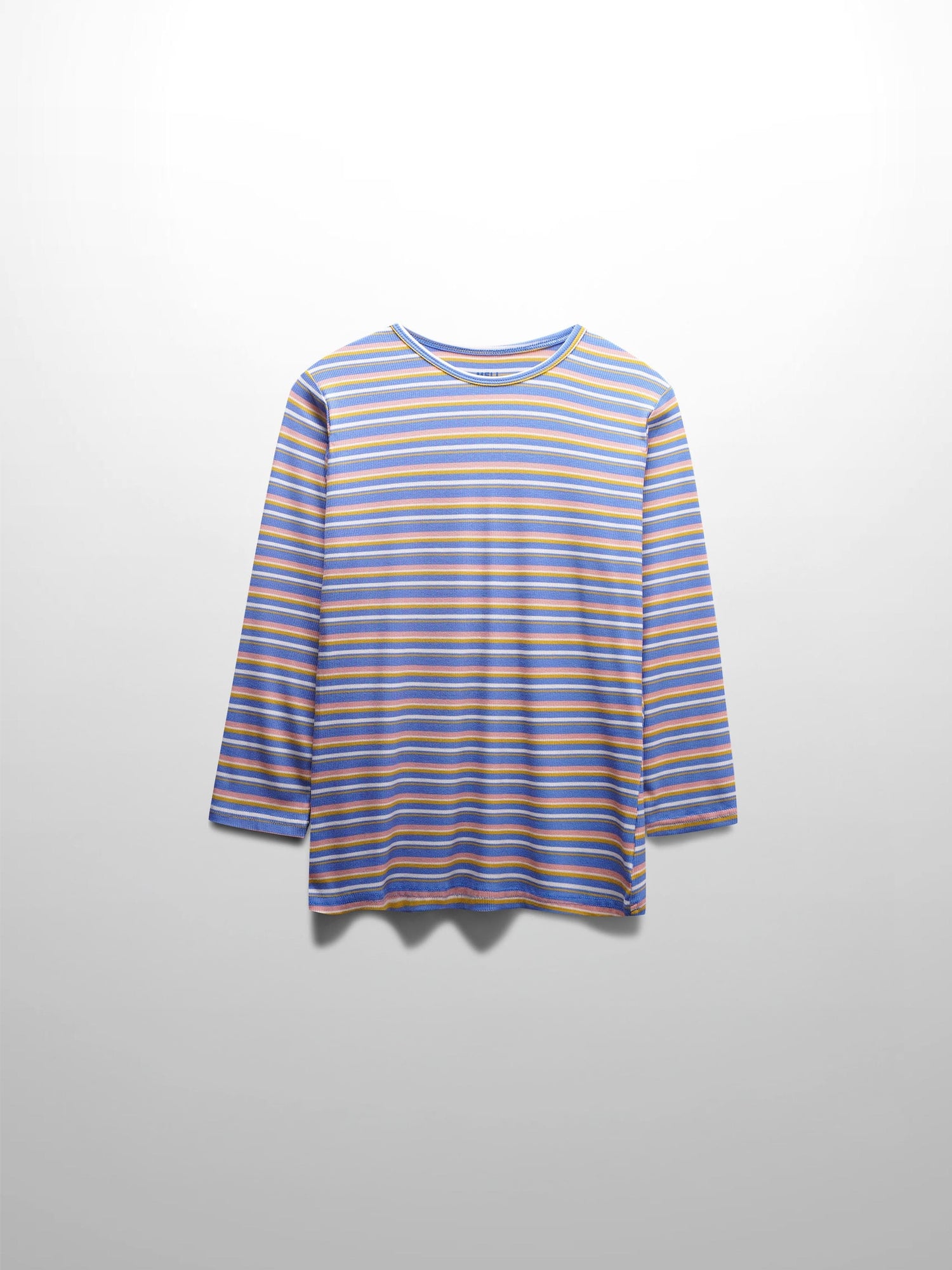 Ribbed Striped Crew 3/4 Sleeve-Light Blue/Pink