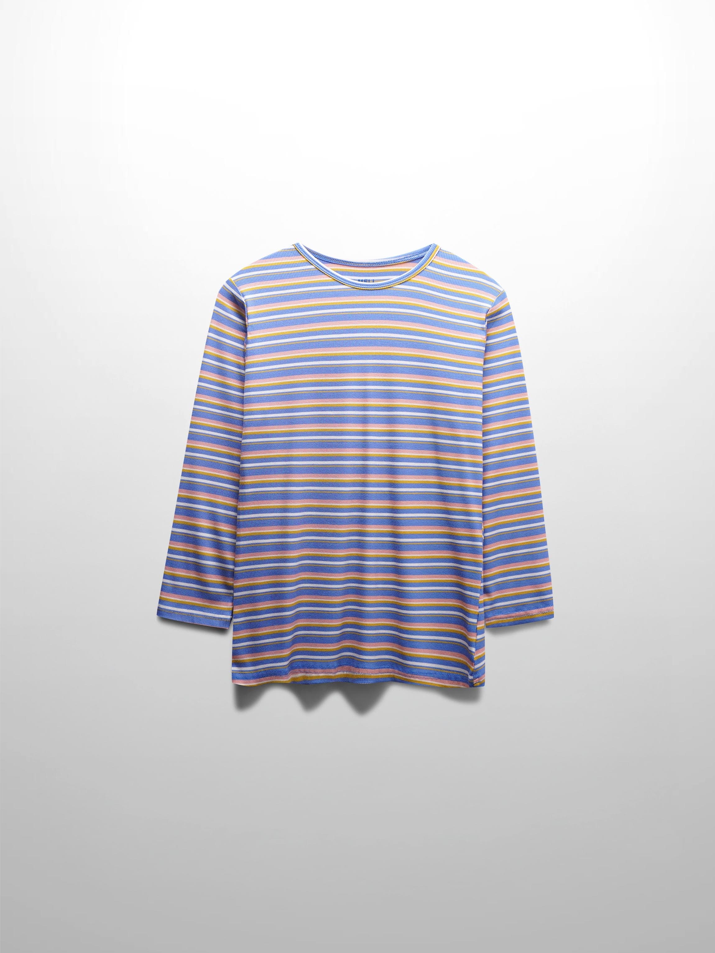 Ribbed Striped Crew 3/4 Sleeve-Light Blue/Pink