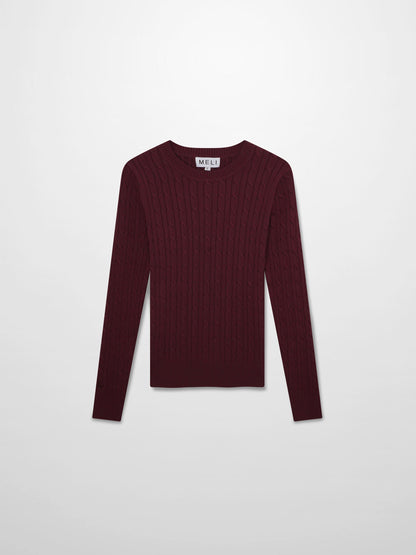 Crew Neck Cable Sweater-Heathered Burgundy