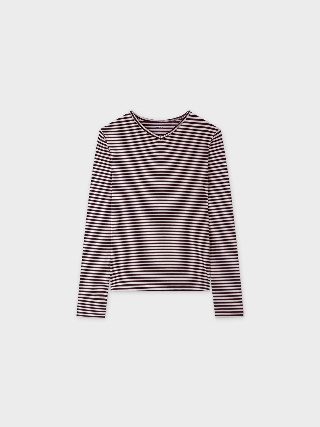 Thin Stripe High V Tee-Maroon/White