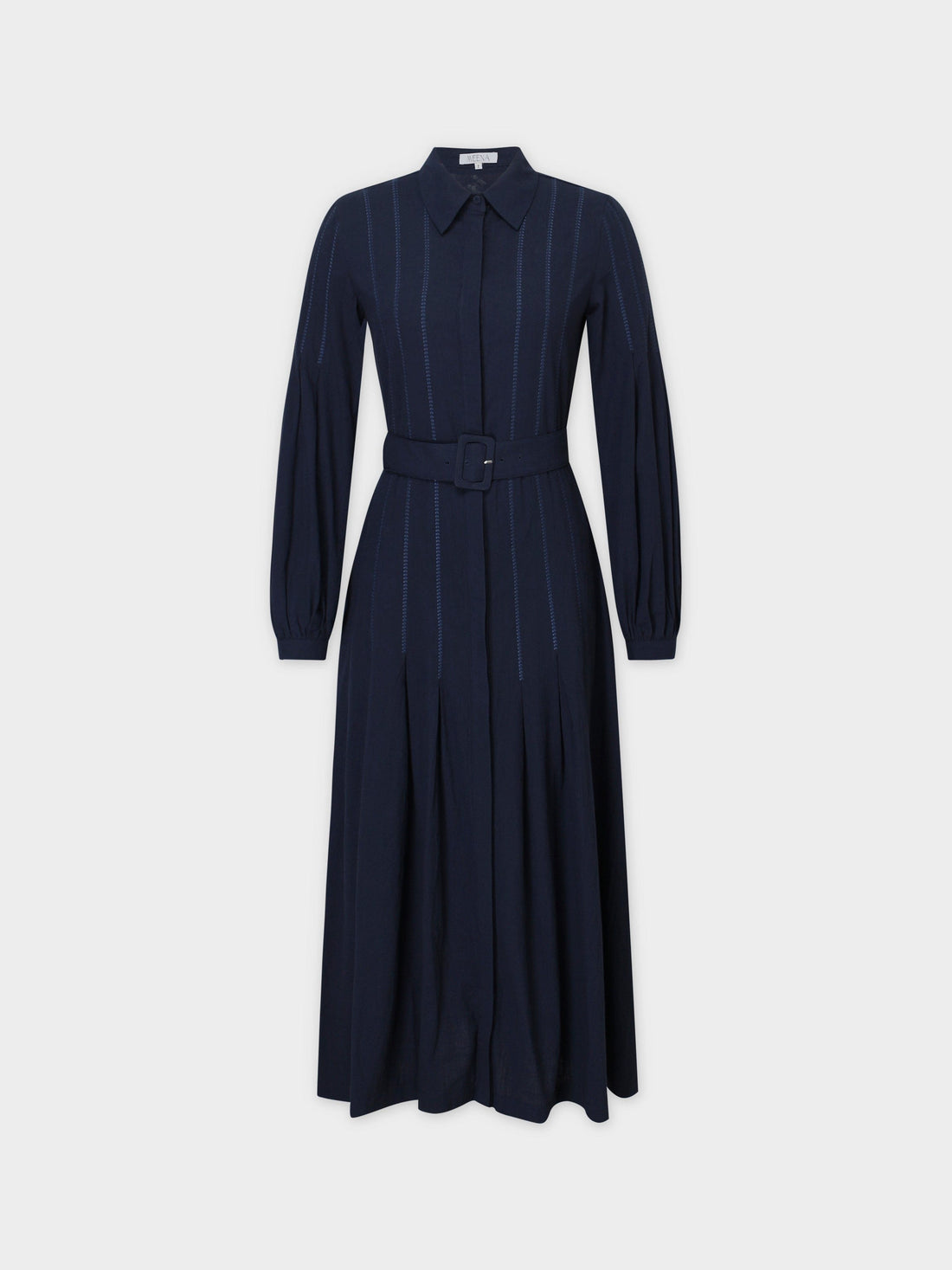 CROSS STITCH PLEATED DRESS-NAVY