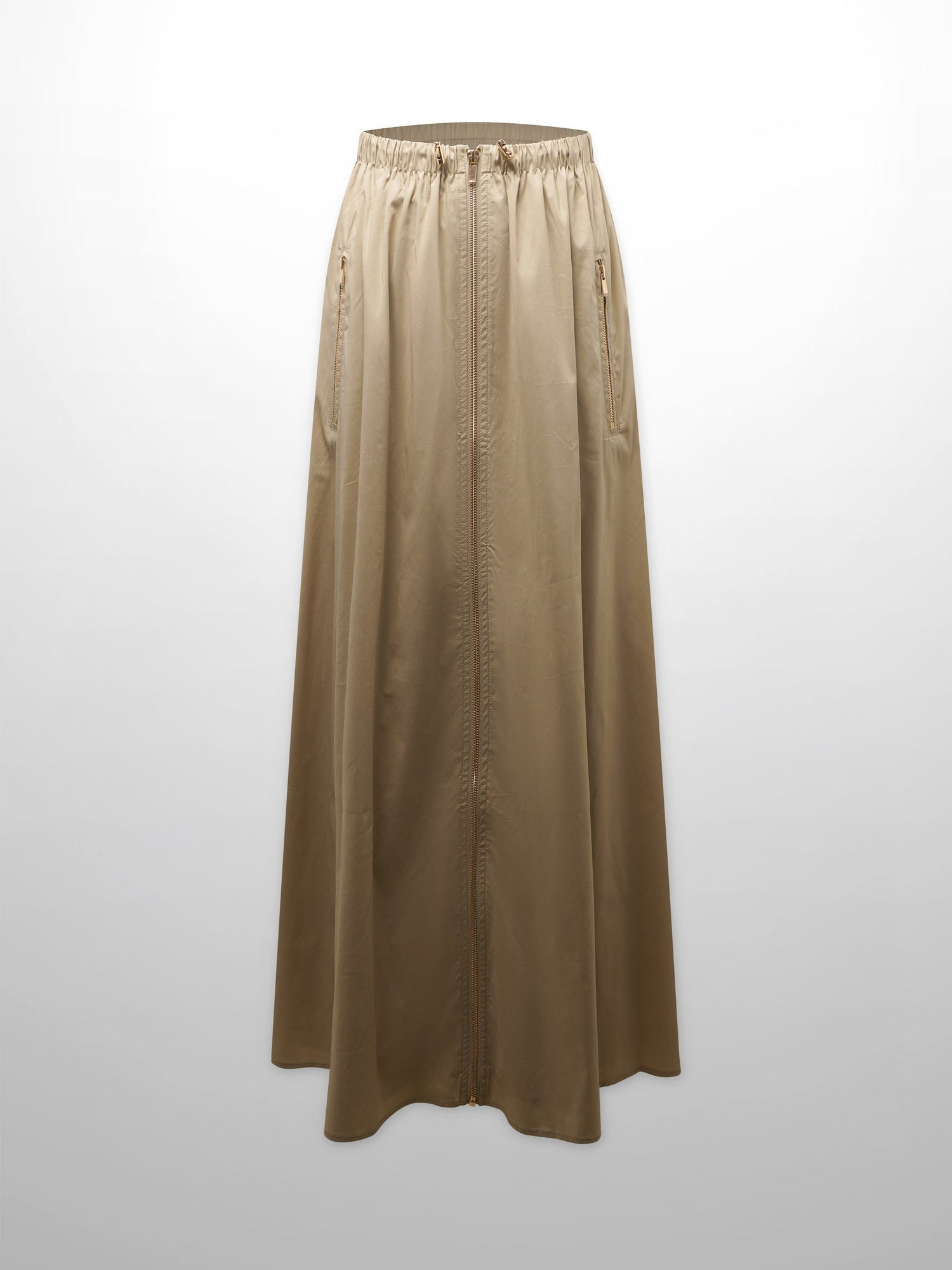 Front Zipper Cotton Circle Skirt-Tan