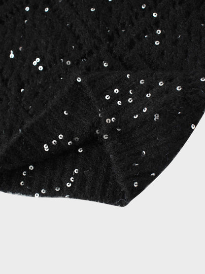 Open Crochet Knit Sequin Sweater-Black