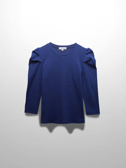 Ribbed Crew Neck Puff Sleeve Top-Royal Blue