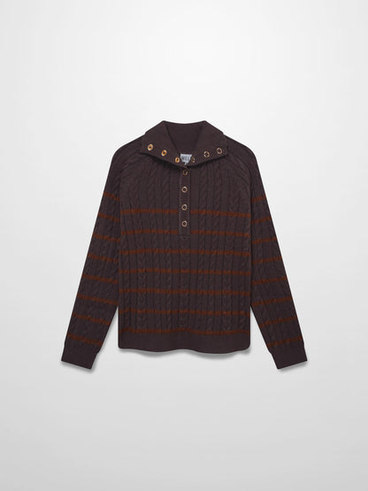 Shawl Snap Collar Striped Cable Sweater-Grey/Brown