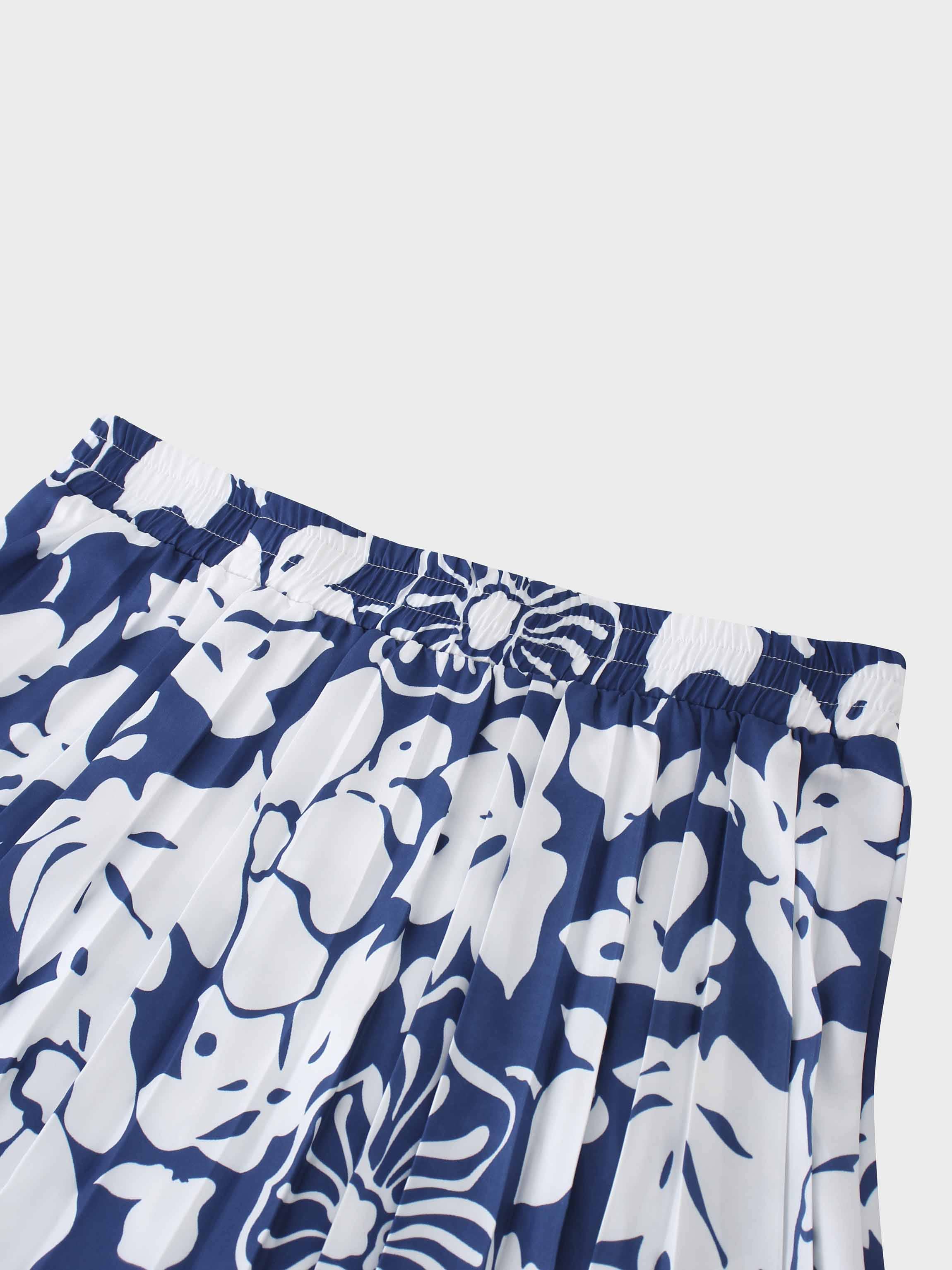 Covered Band Pleated Skirt 37"-Blue Floral