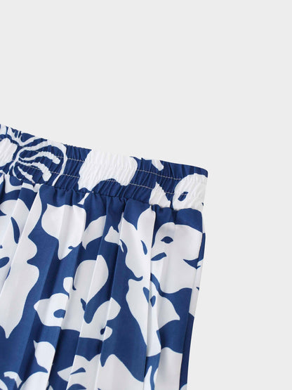 Covered Band Pleated Skirt 37"-Blue Floral
