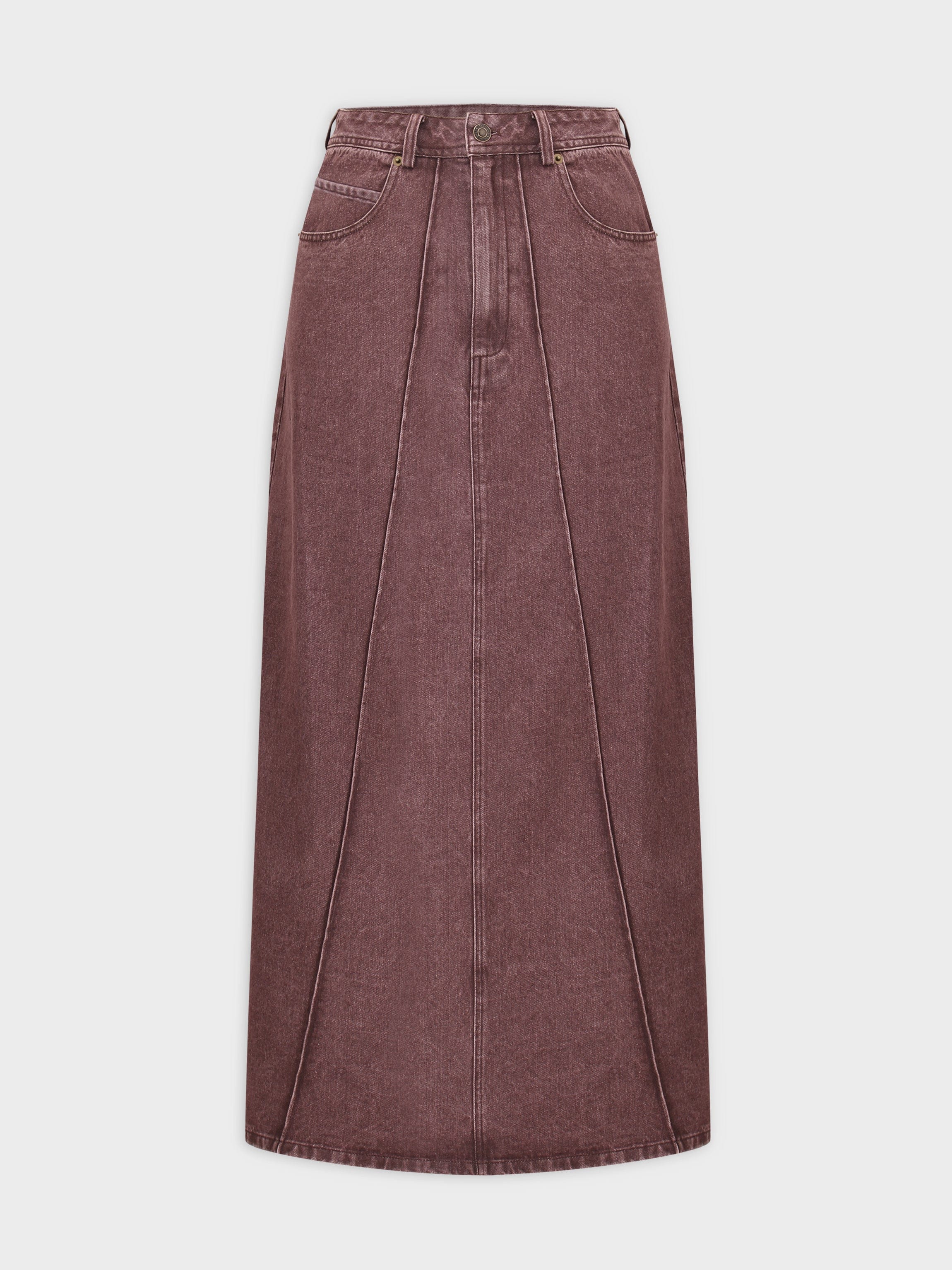 Denim Seamed Skirt-Burgundy