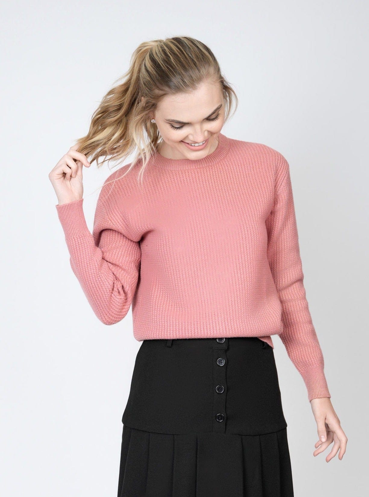 SOLID WAFFLE KNIT TOP-SALMON