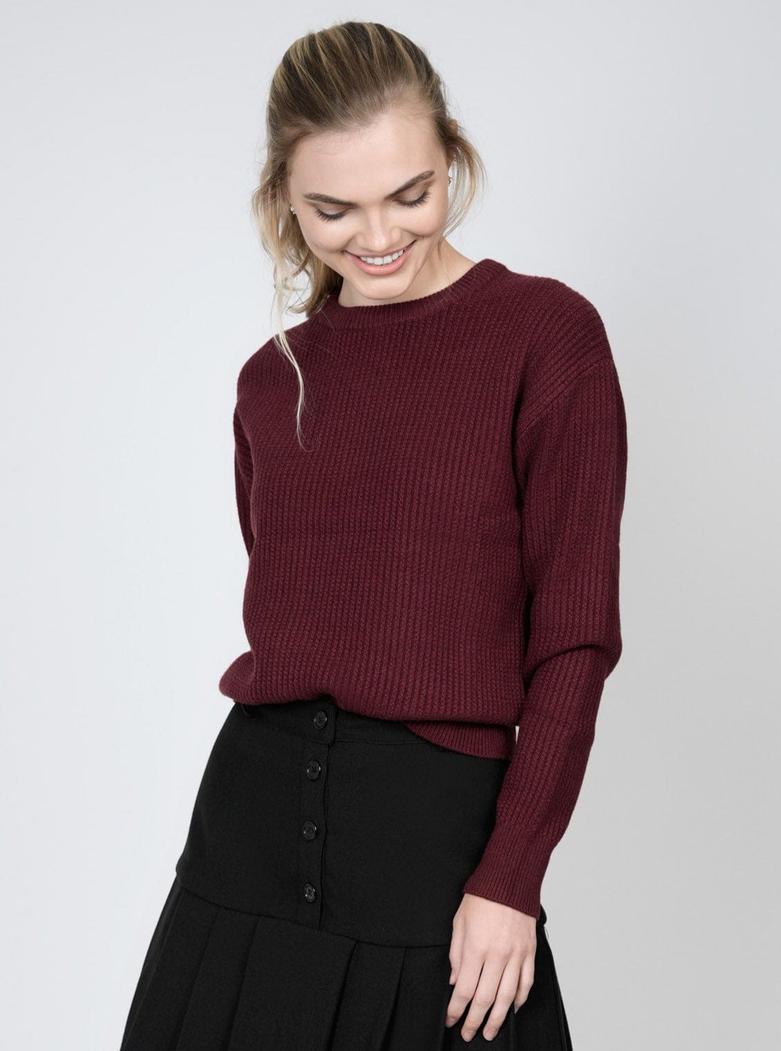 SOLID WAFFLE KNIT TOP-BURGUNDY