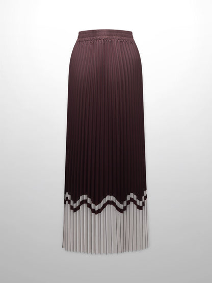 Elastic Waist Printed Pleated Skirt-Brown Chevron Border