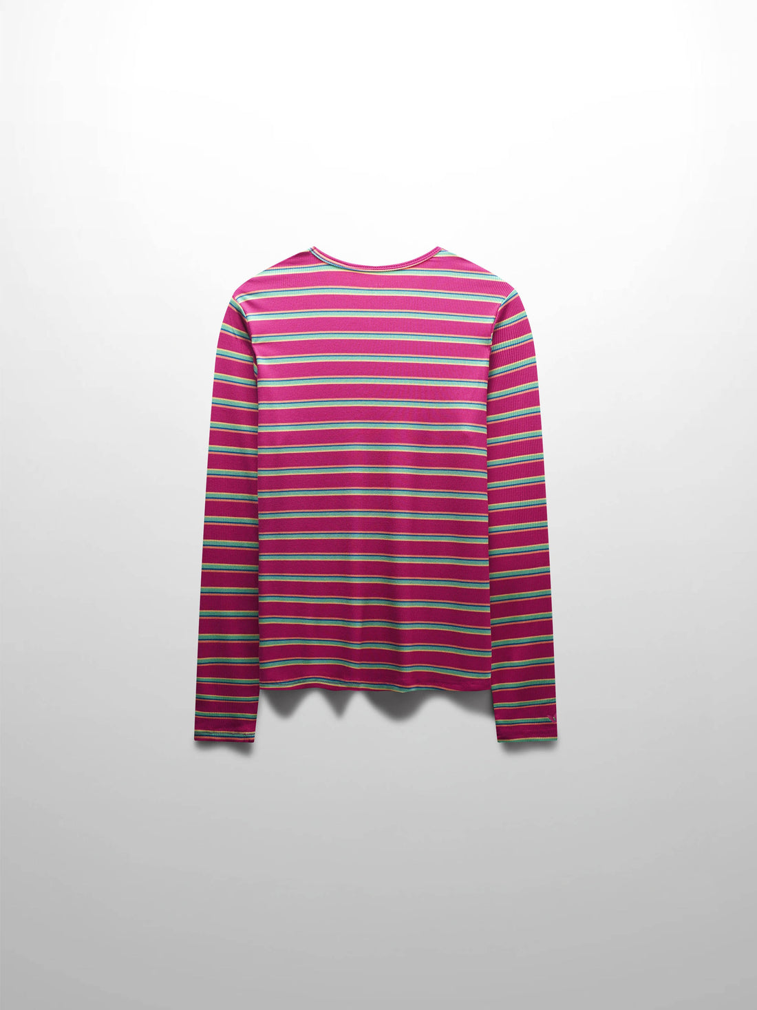 Ribbed Striped High V Tee Long Sleeve-Hot Pink