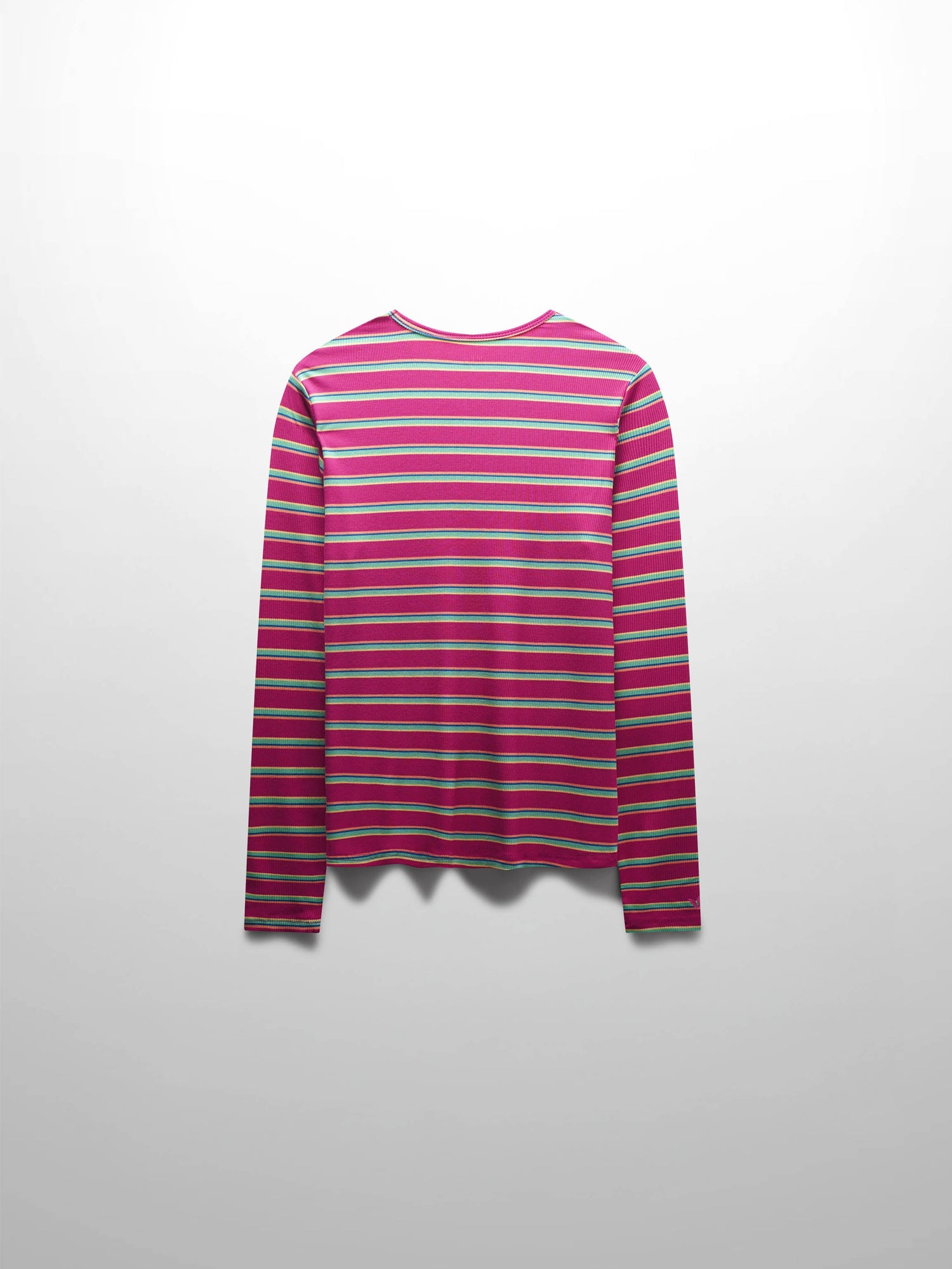 Ribbed Striped High V Tee Long Sleeve-Hot Pink