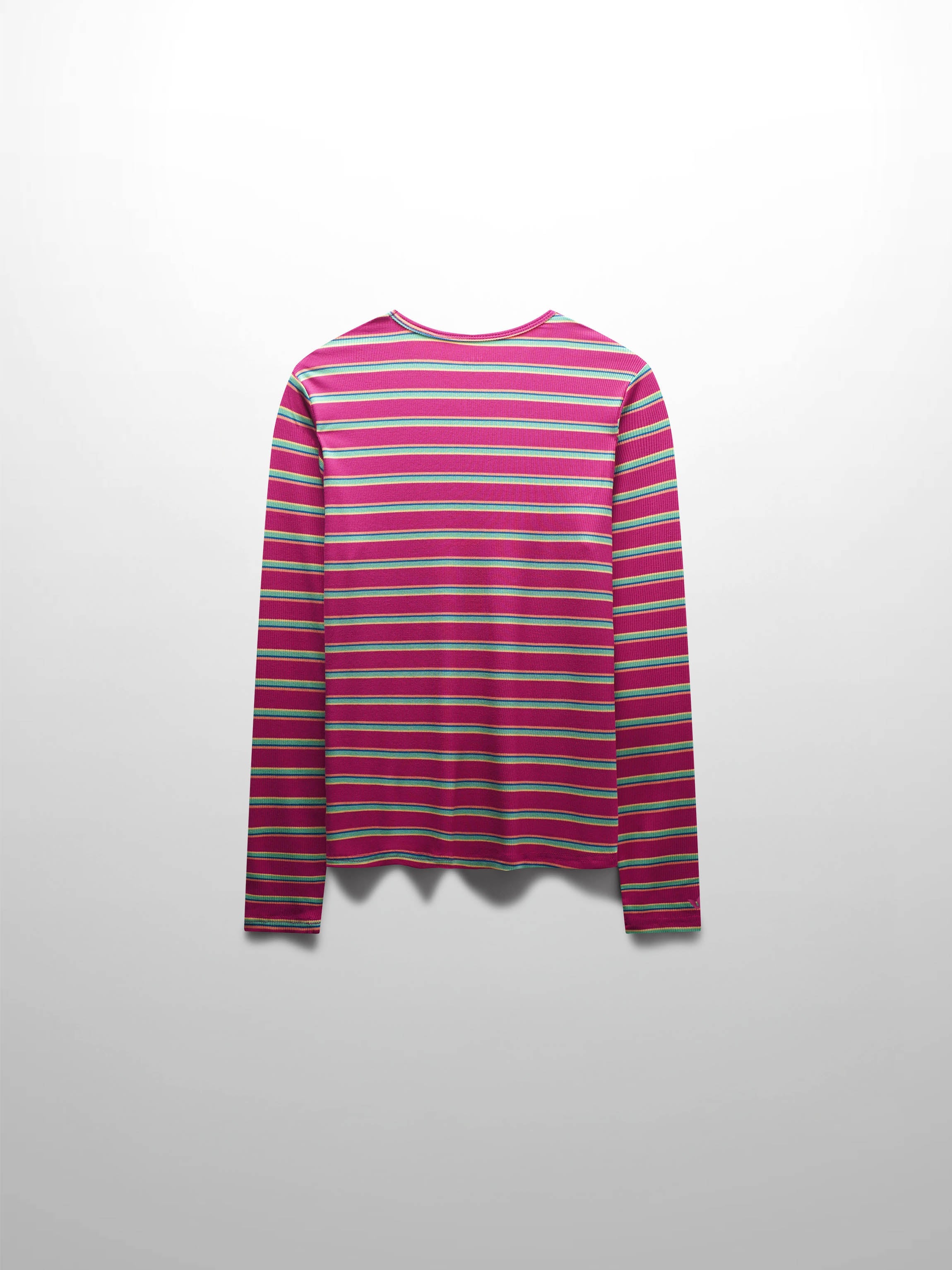 Ribbed Striped High V Tee Long Sleeve-Hot Pink