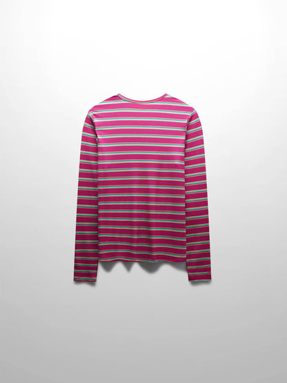 Ribbed Striped High V Tee Long Sleeve-Hot Pink