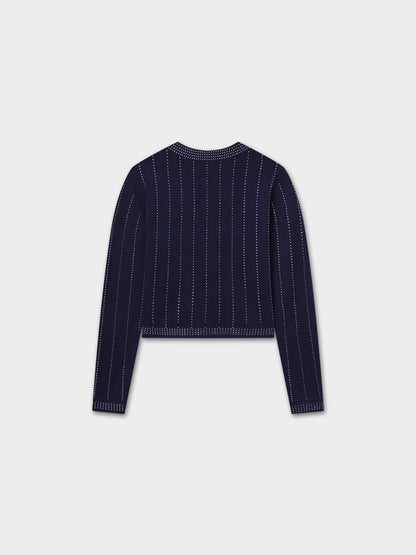 Crystal Pinstripe Crew Cardigan-Navy